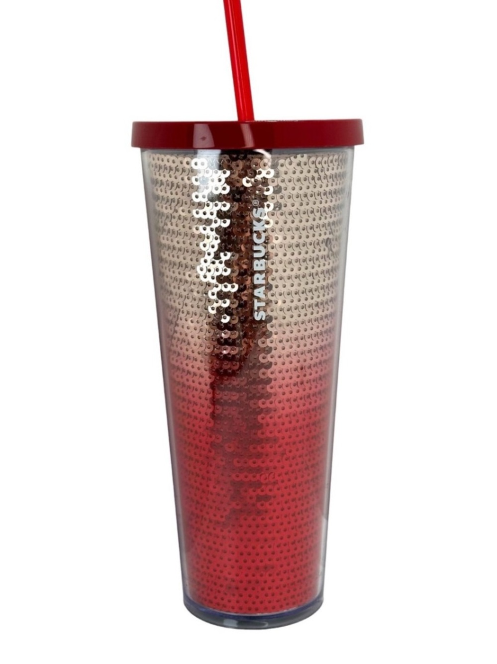 NWT Starbucks Red Sequin Ombre Tumbler with Red Lid and Straw